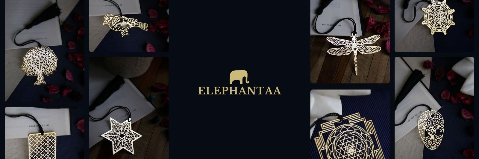 Brass metal bookmarks with intricate designs from Elephantaa, featuring tree, bird, dragonfly, and geometric patterns for unique reading gifts.