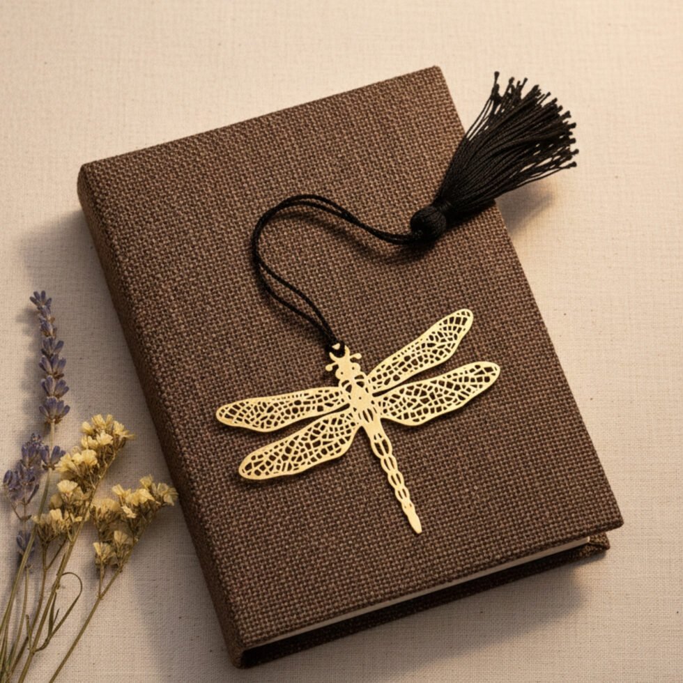 Dragonfly brass bookmark on brown book neutral aesthetic metal bookmark unique gift Indian gifts