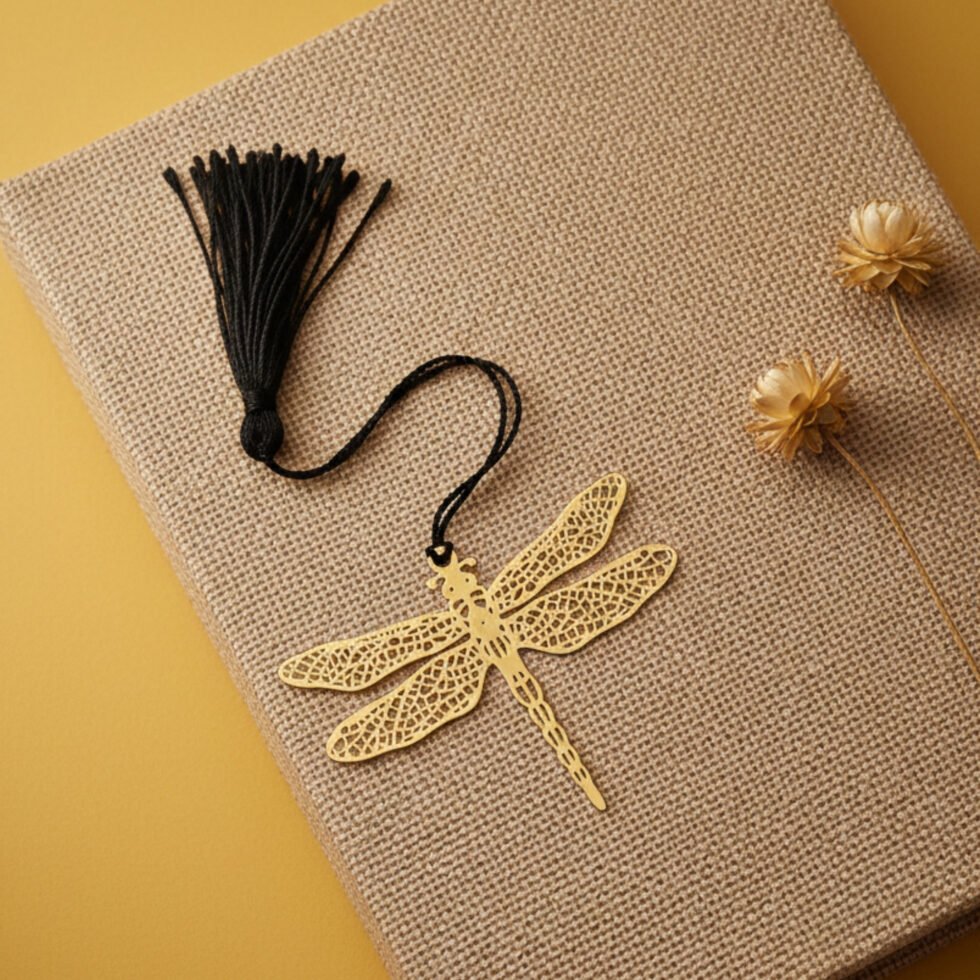 Dragonfly brass bookmark on beige textured book mustard background metal bookmark unique gift Indian gifts
