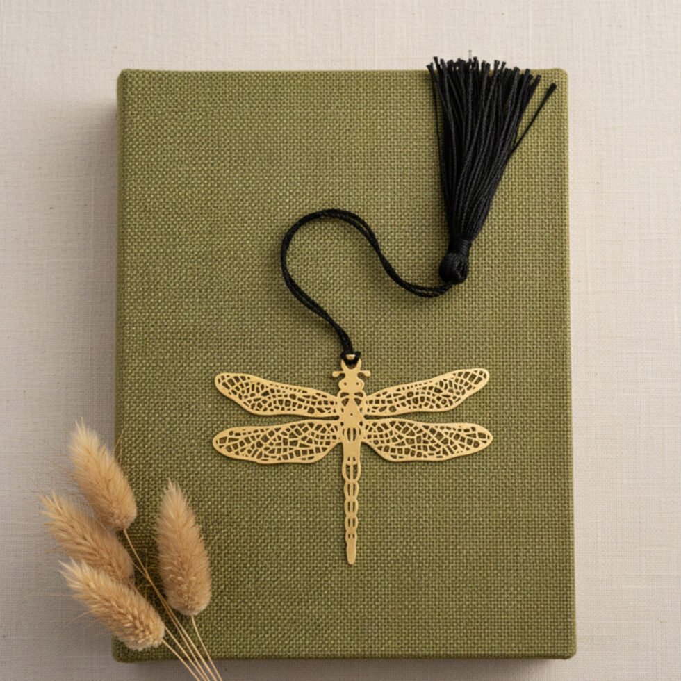 Dragonfly brass bookmark on green book with dried flowers aesthetic bookmark unique gift Indian gifts