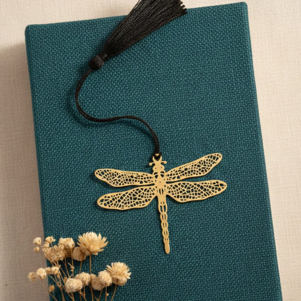 Dragonfly brass bookmark on teal book with black tassel handcrafted metal bookmark unique gift Indian gifts