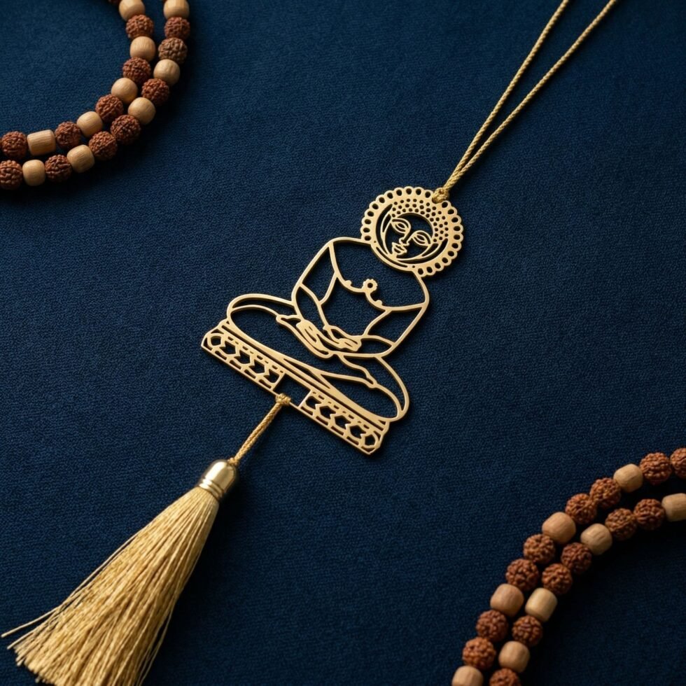 Handcrafted brass Mahavir hanging decor with tassel on navy blue background with beads mala, Jain spiritual decor, vehicle rear view mirror ornament, unique Indian gift