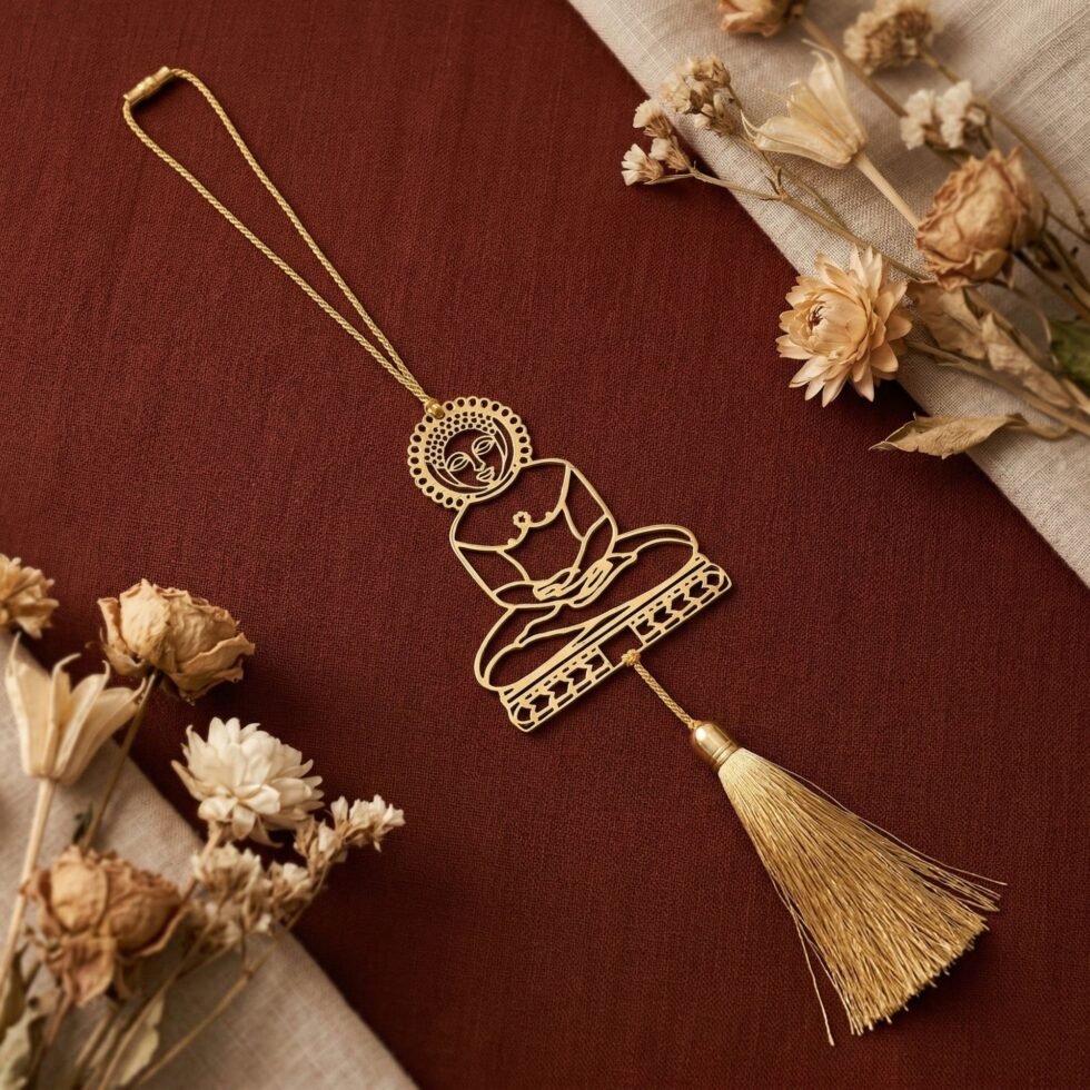 Mahavir hanging decor brass on maroon background with dry flowers, Jain decor, spiritual wall hanging