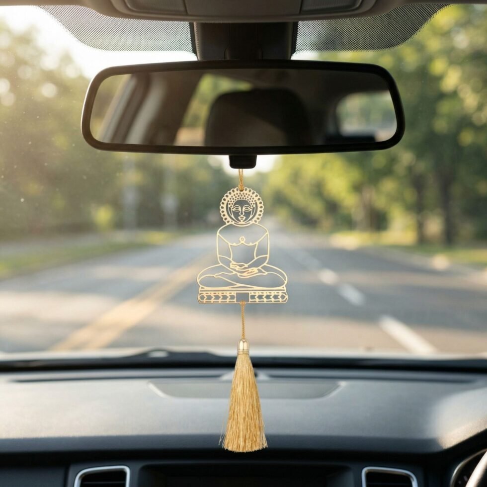 Mahavir hanging decor brass hanging from car rear view mirror, Jain spiritual car ornament, peaceful travel decor