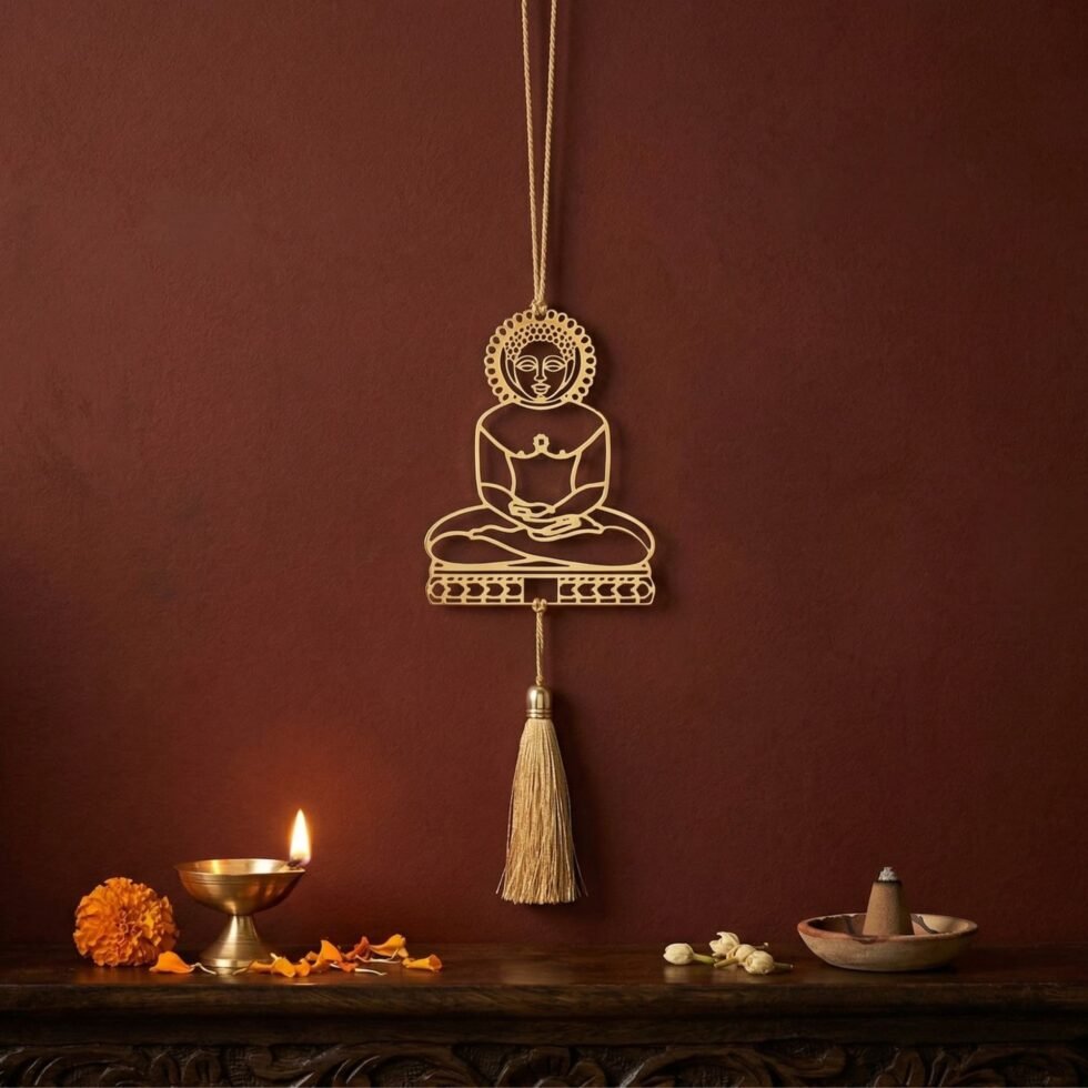 Mahavir hanging decor brass on barn red background with diya, Jain festival decor, Mahavir Jayanti decoration, spiritual gift