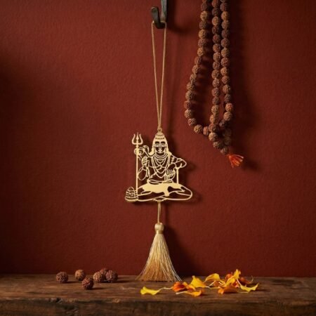 Shiva hanging decor brass Mahadev with tassel barn red background rudraksha beads spiritual Indian gift