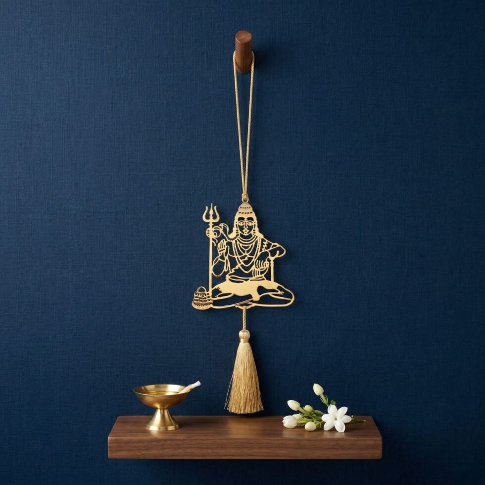 Shiva hanging decor brass Mahadev wall hanging on navy blue background spiritual decor