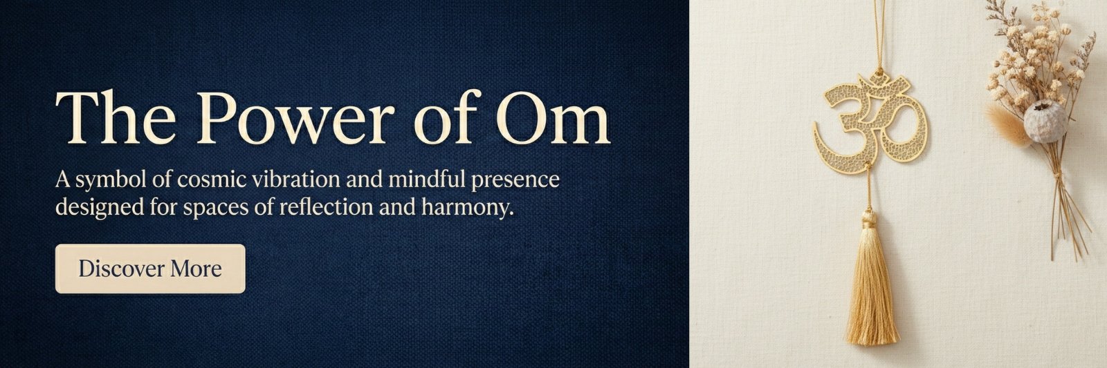 Gold polished Om hanging decor with tassel displayed against navy background.