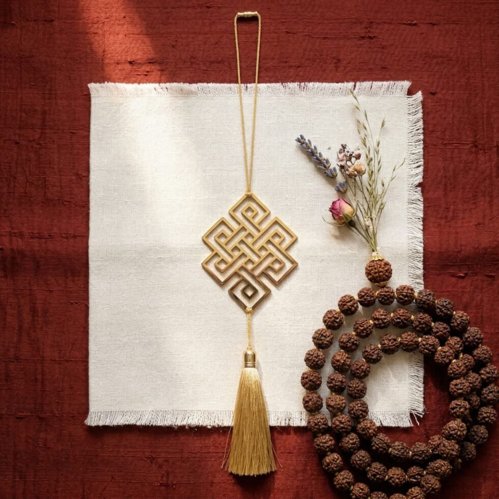 Endless Knot hanging decor brass on barn red and linen background spiritual decor unique gift