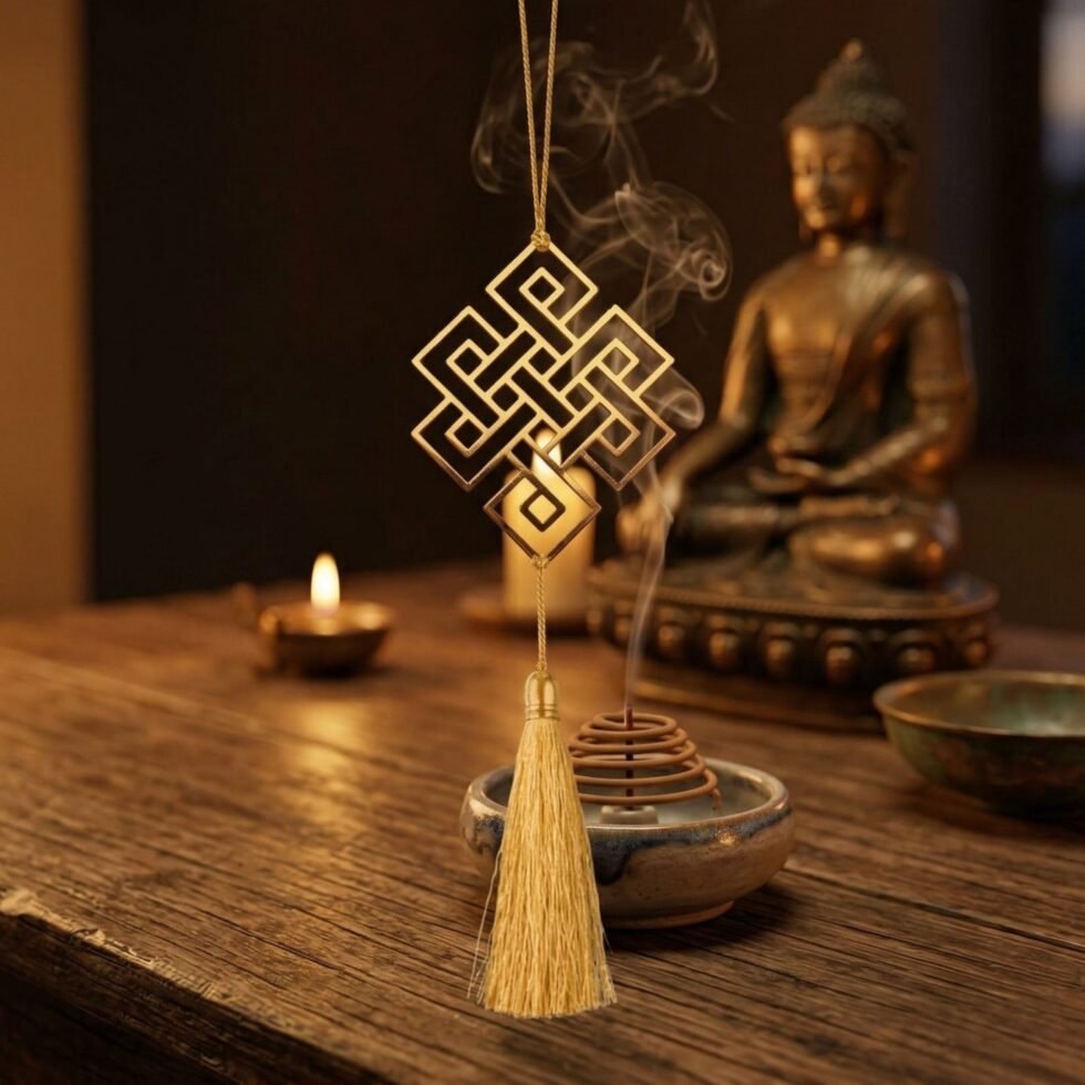 Endless Knot hanging decor with Buddha statue meditation decor mindfulness spiritual gift