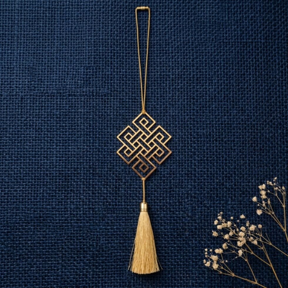 Endless Knot hanging decor brass on navy blue jute background unique gift spiritual decor