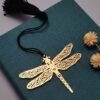 Dragonfly brass bookmark on teal book with black tassel handcrafted metal bookmark unique gift Indian gifts