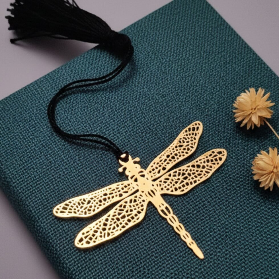 Dragonfly brass bookmark on teal book with black tassel handcrafted metal bookmark unique gift Indian gifts