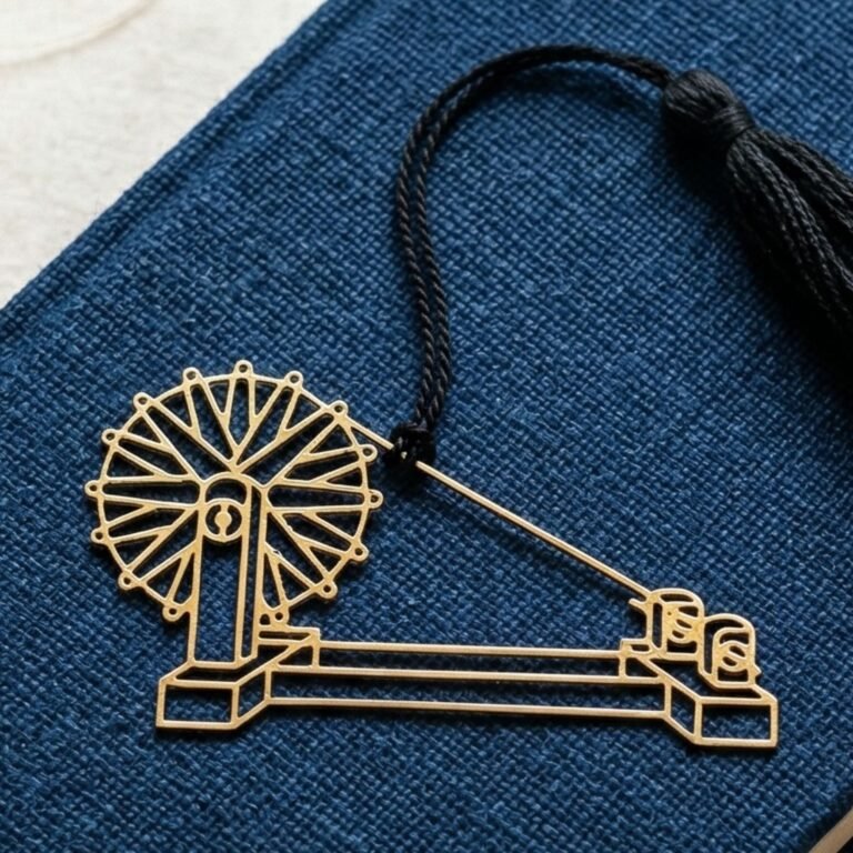 Charkha brass bookmark on blue book with khadi thread spool, Indian heritage inspired gift
