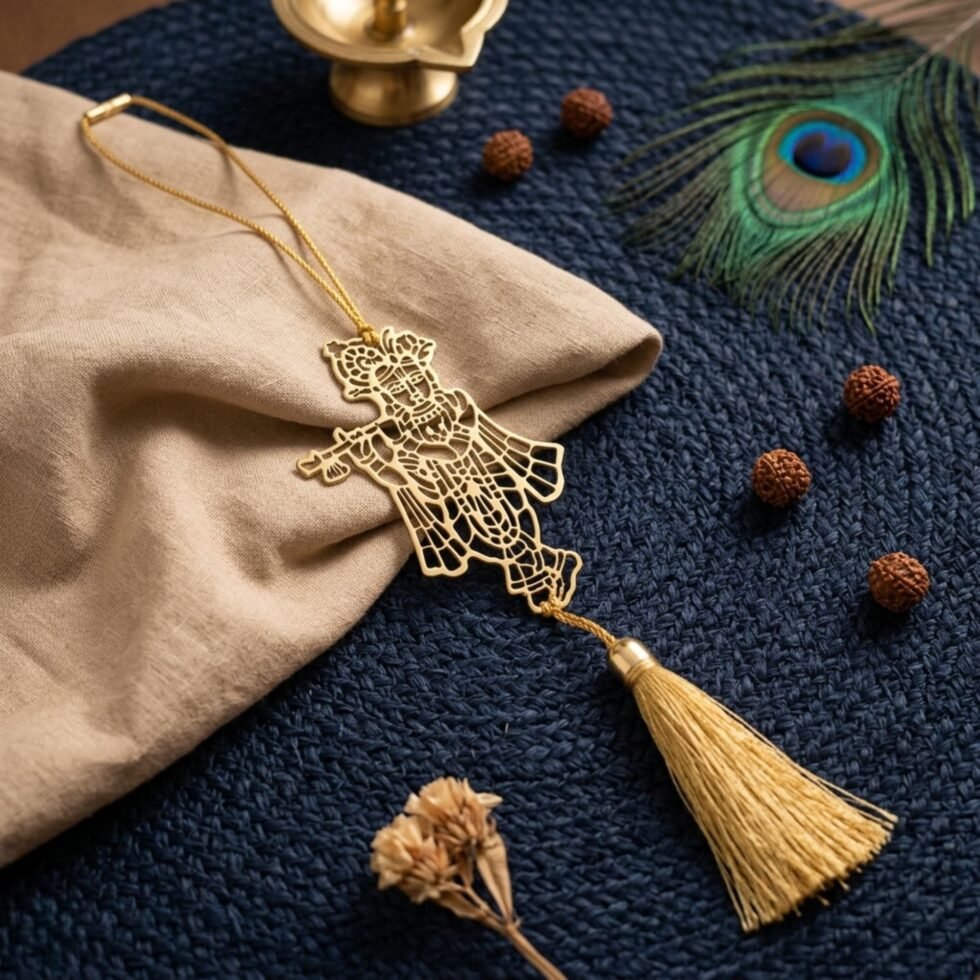 Krishna flute brass hanging decor placed on navy blue fabric with beige linen cloth, peacock feathers, and dried flowers.