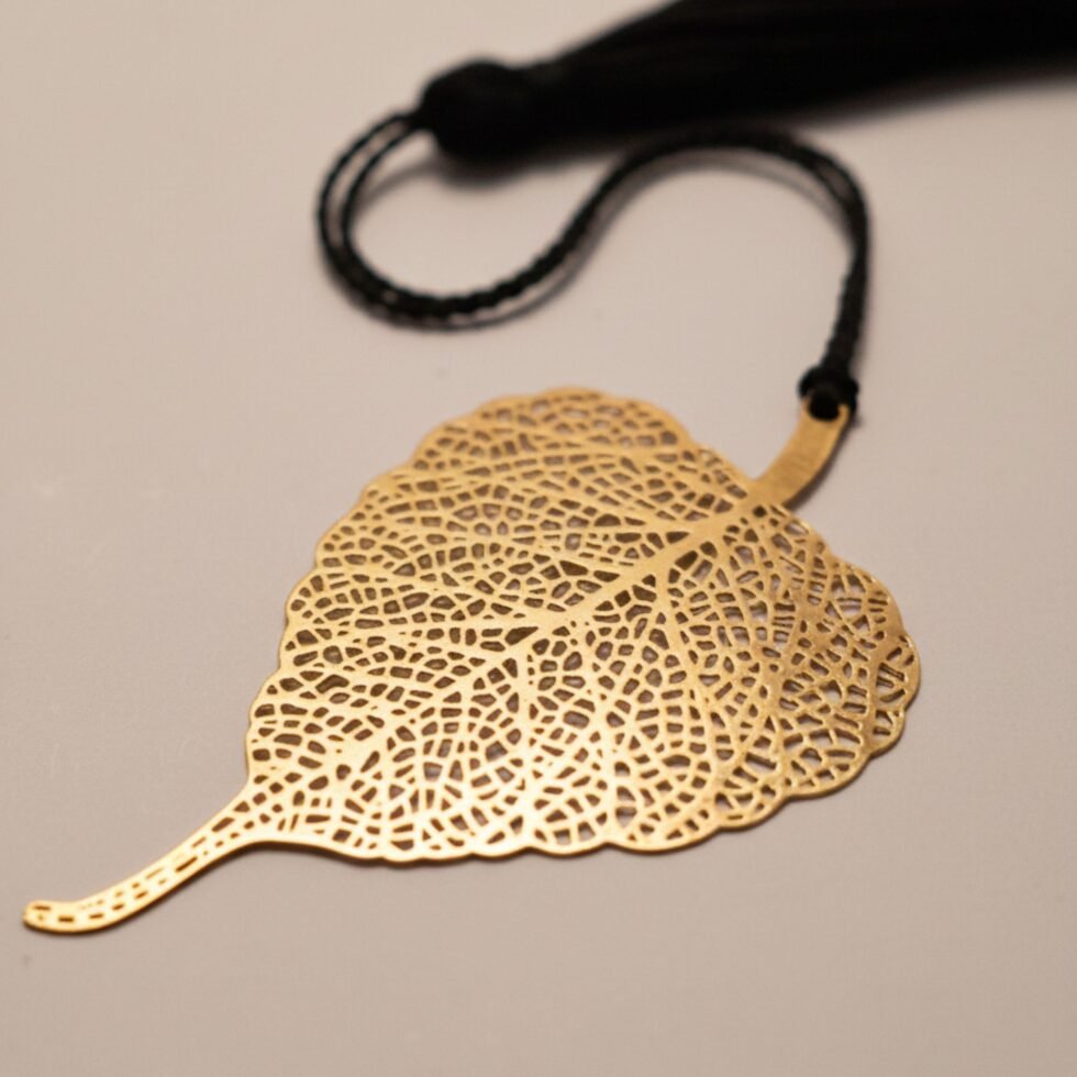 Black tassel detail of Bodhi leaf brass bookmark