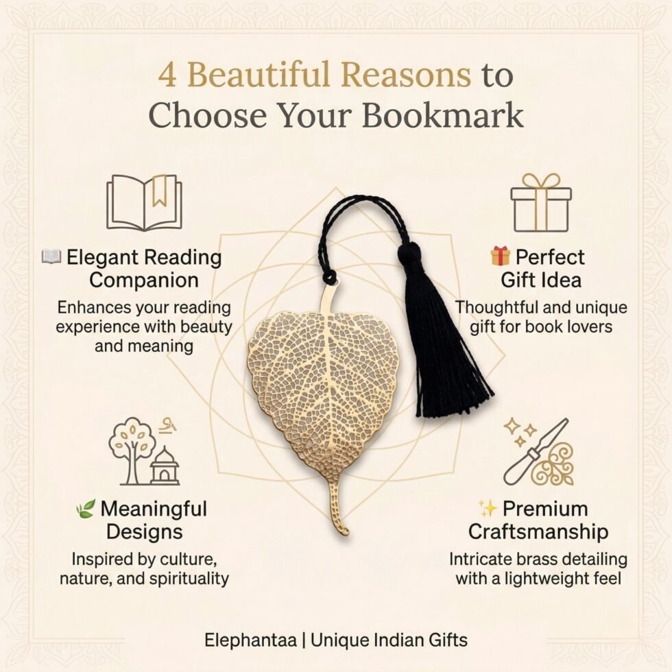 Bodhi leaf bookmark benefits infographic showing craftsmanship and reading experience
