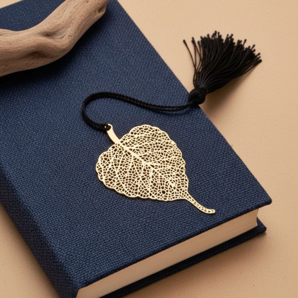 Bodhi leaf brass bookmark on blue book minimal setup