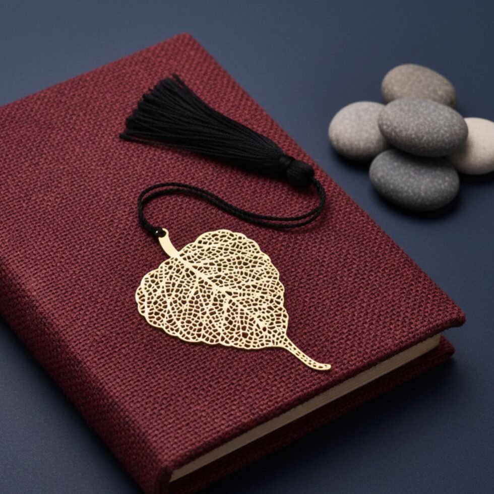 Bodhi leaf brass bookmark with stones on red book aesthetic setup