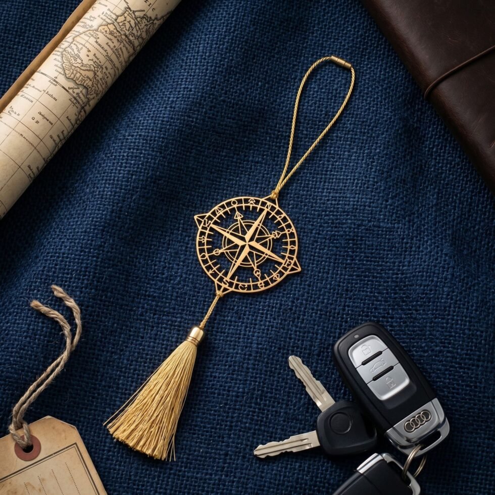 Brass compass hanging decor placed on navy blue textured fabric with car keys and vintage travel accessories