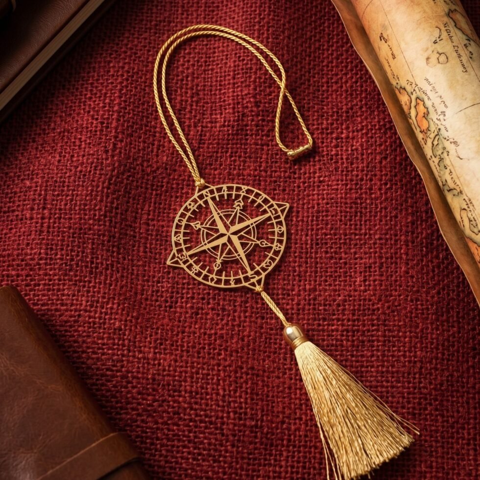 Gold polished brass compass hanging decor displayed on barn red jute textured background with luxury styling