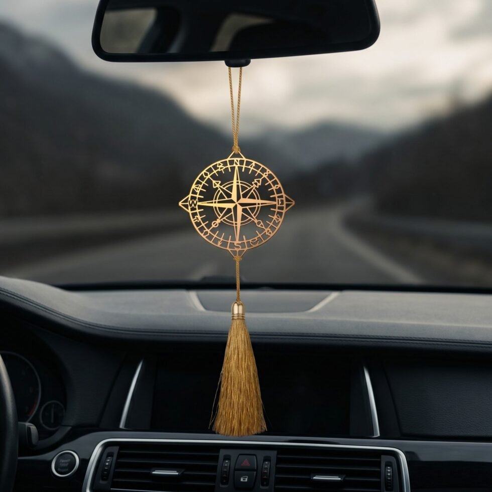 Brass compass vehicle rear view mirror ornament hanging inside car with cinematic mountain road background