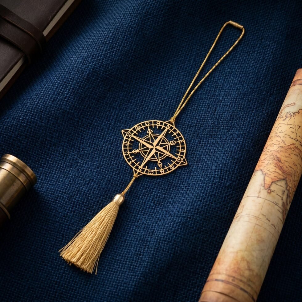 Handcrafted brass compass hanging decor on navy blue fabric background with premium travel-inspired styling