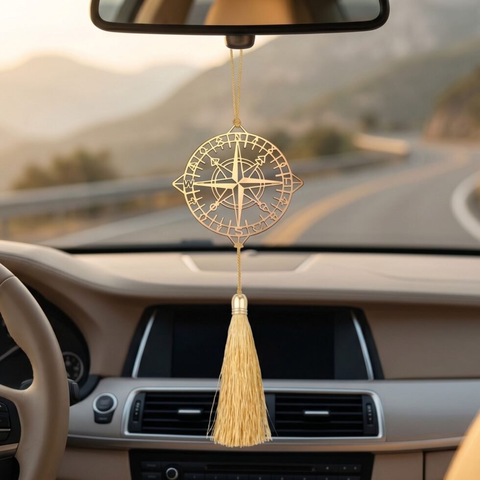 Gold polished brass compass hanging decor displayed as vehicle rear view mirror ornament inside luxury car interior