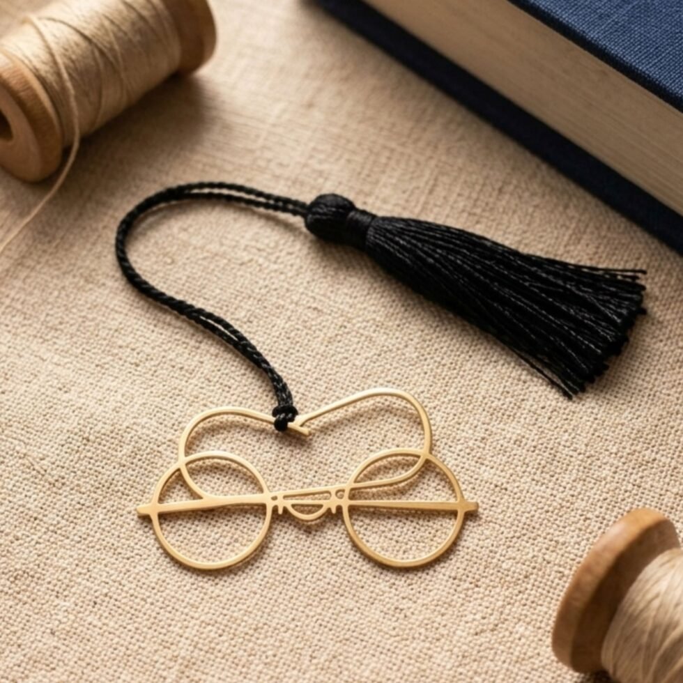 Gold plated Gandhi spectacles bookmark on khadi background with wooden thread spool, handmade Indian craft aesthetic