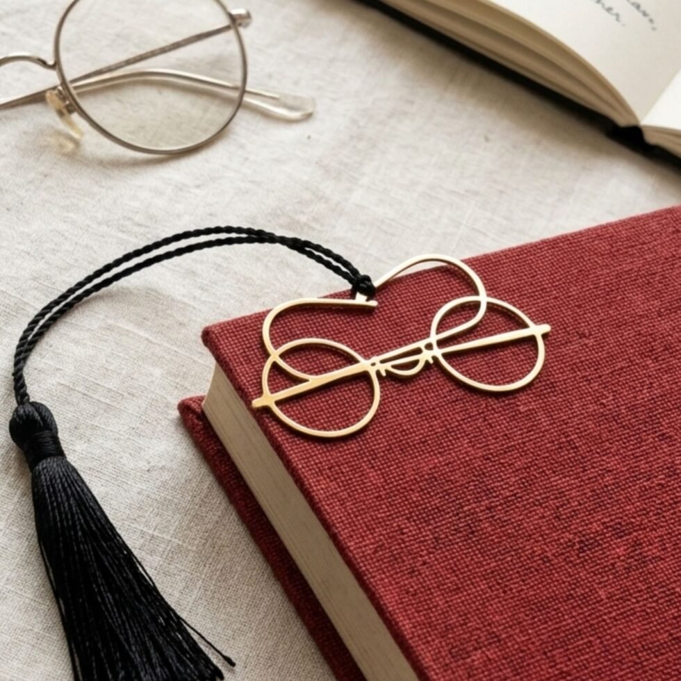 Gold plated Gandhi spectacles bookmark with black tassel on linen background with red jute book, handcrafted Indian gift