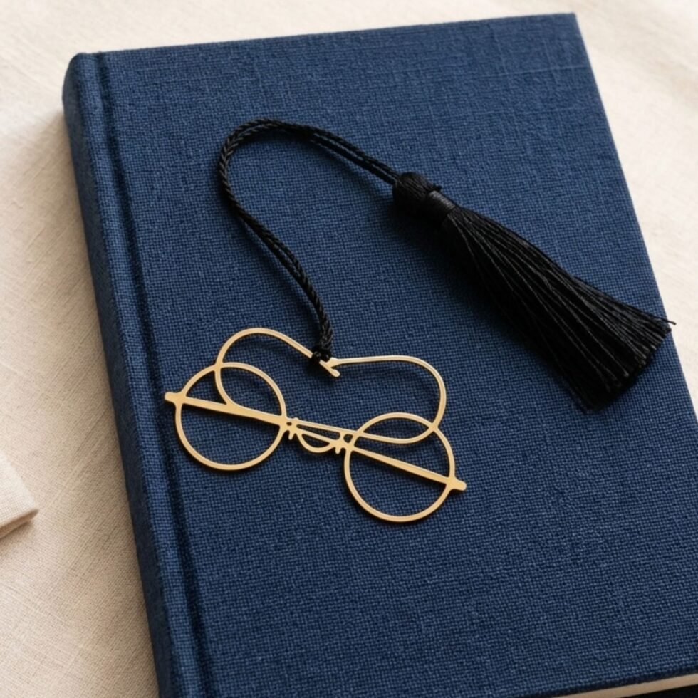 Close up of gold plated Gandhi spectacles bookmark on navy jute book with black tassel, premium brass bookmark detail