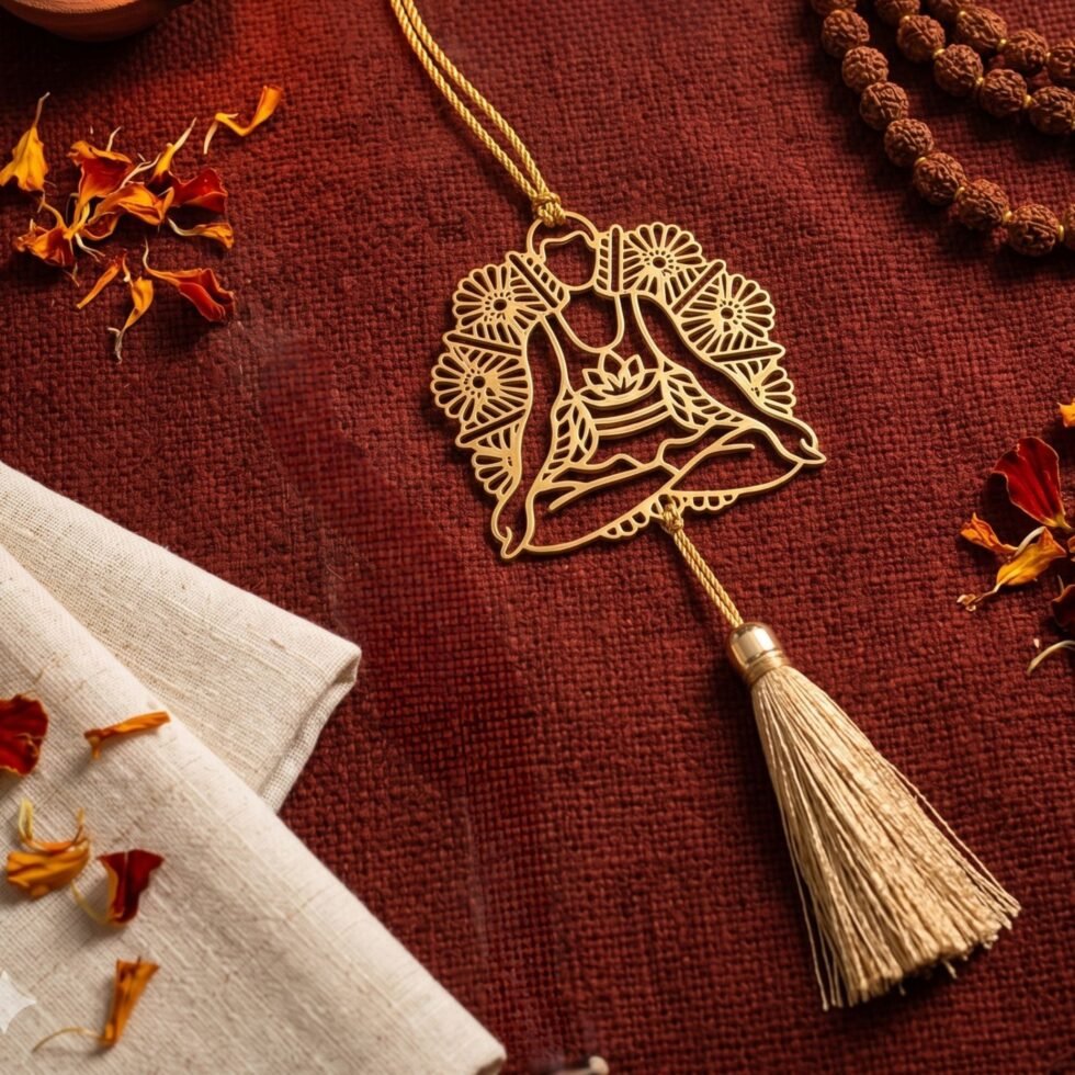Gold plated brass yoga hanging decor placed on rich barn red fabric with meditation beads and floral accents.