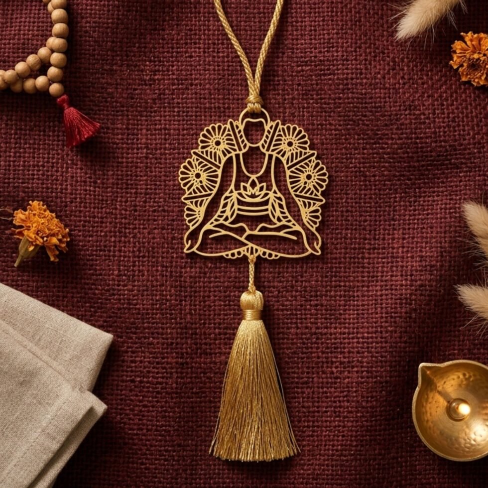 Gold plated yoga hanging decor on maroon jute fabric with meditation beads and floral accents.