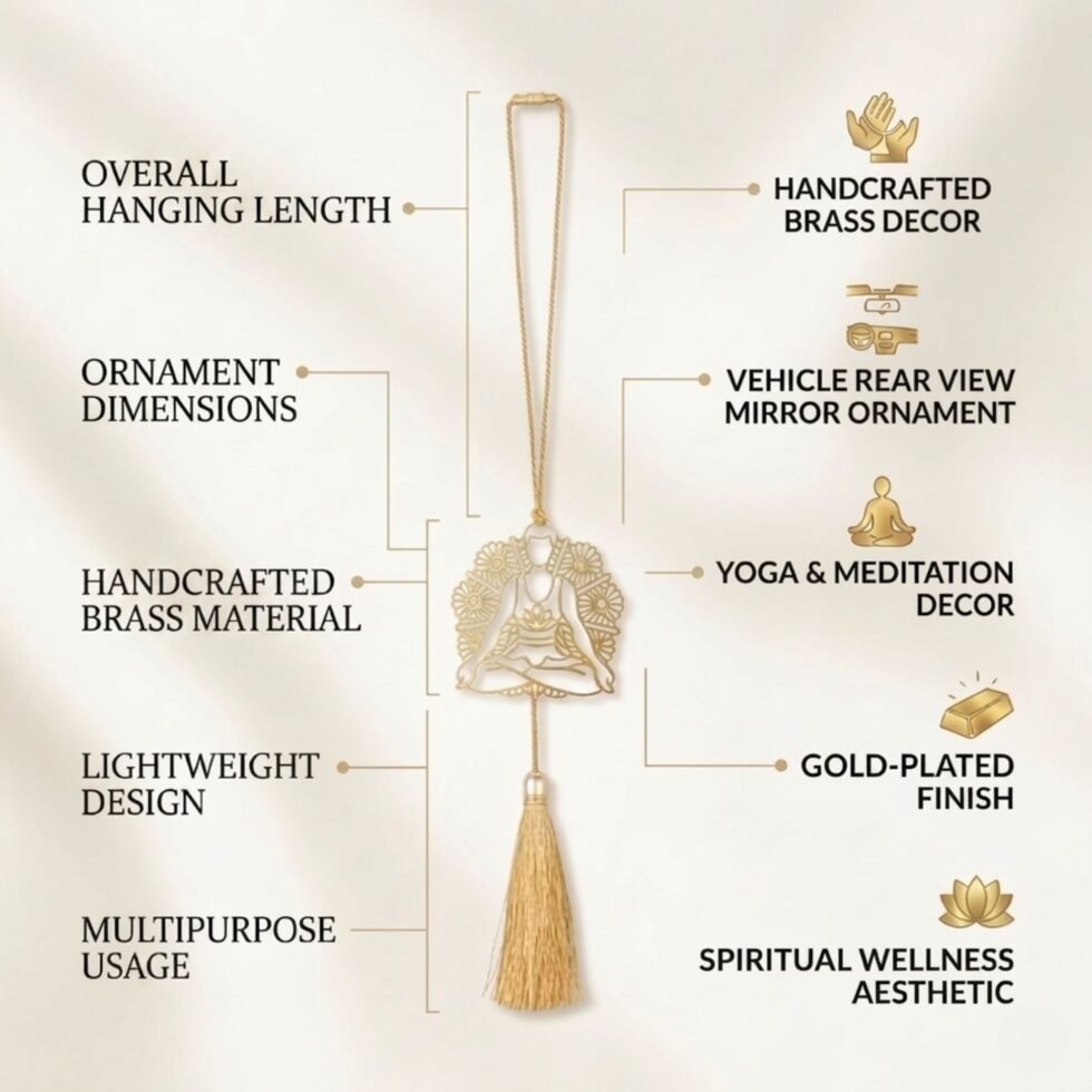 Infographic showing dimensions and features of the gold plated brass yoga hanging decor rear view mirror ornament.