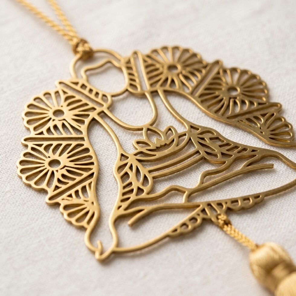Close-up of gold plated brass yoga hanging decor with intricate meditation silhouette detailing placed on a soft linen background.