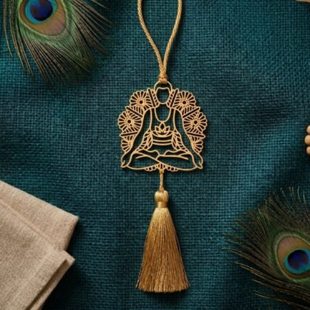 Gold plated brass yoga hanging decor on teal jute fabric with peacock feathers and linen accents.