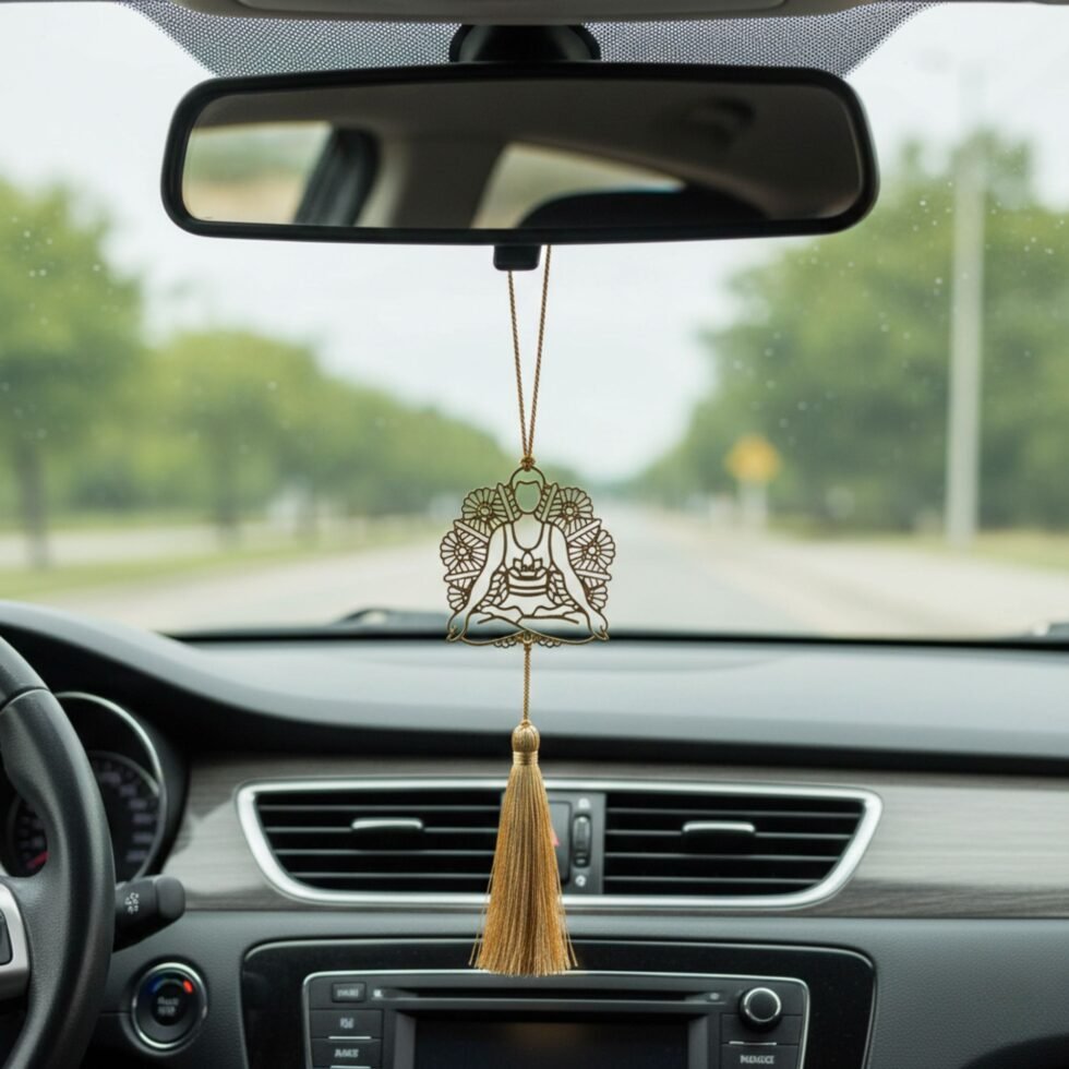 Gold plated yoga rear view mirror ornament hanging naturally inside a modern car with scenic road background.