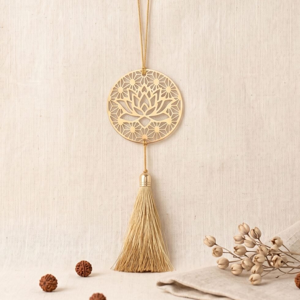 Lotus mandala hanging decor in gold brass with tassel on linen background, spiritual vehicle rear view mirror ornament, unique Indian gift USA