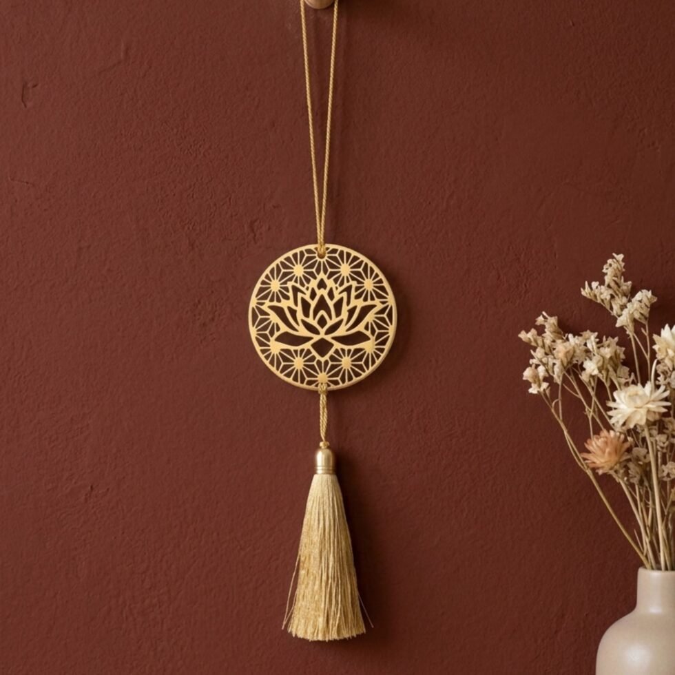 Lotus mandala hanging decor gold brass on barn red wall with tassel, Indian spiritual decor gift USA