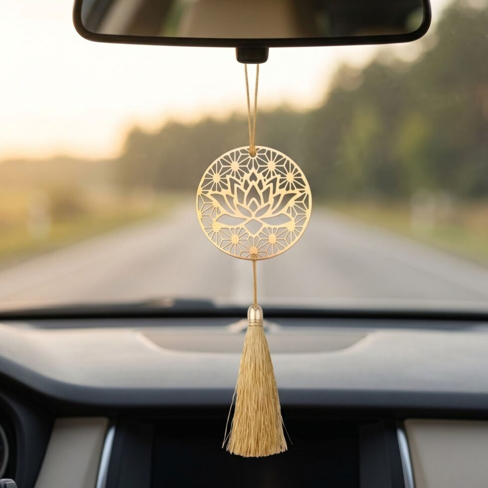 Lotus mandala car rear view mirror hanging ornament in brass with tassel, spiritual car decor USA