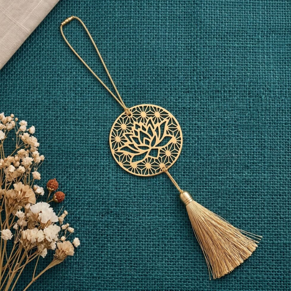 Lotus mandala hanging decor brass with tassel on teal fabric, spiritual car mirror ornament, Indian gifts USA