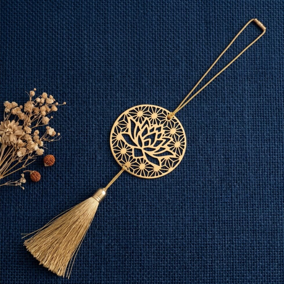 Lotus mandala brass car hanging decor on navy blue fabric, vehicle rear view mirror ornament, unique gift under 25 USA