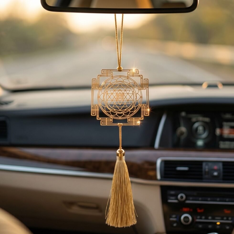 Gold plated brass Shree Yantra vehicle rear view mirror ornament hanging inside a luxury car interior