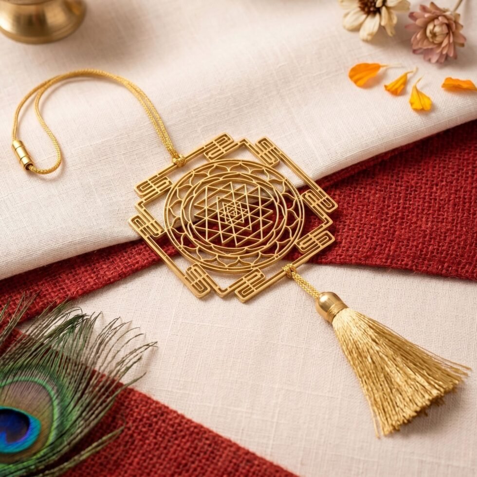 Gold plated brass Shree Yantra hanging decor on linen and barn red fabric with peacock feather accents