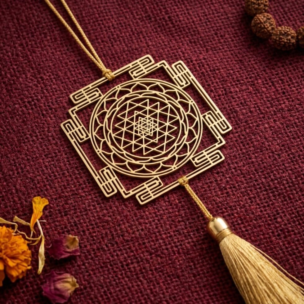 Gold plated brass Shree Yantra hanging decor on maroon jute fabric with rudraksha beads and dried flowers
