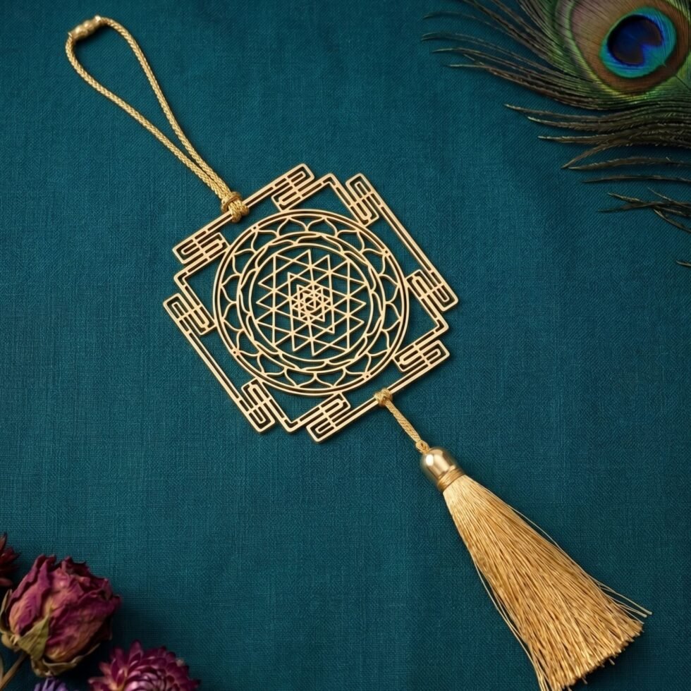 Gold plated brass Shree Yantra hanging decor on teal textured fabric with luxury spiritual styling by ELEPHANTAA