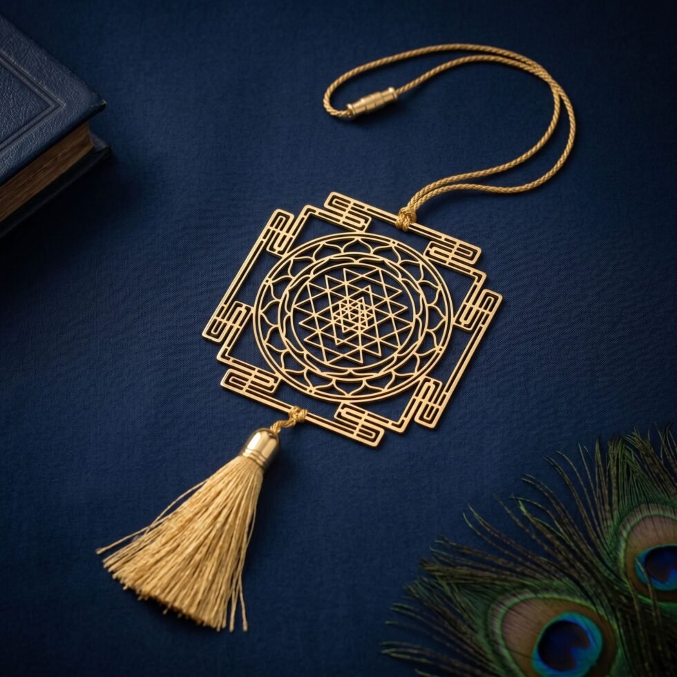 Gold plated brass Shree Yantra hanging decor on navy blue jute fabric with peacock feather styling by ELEPHANTAA