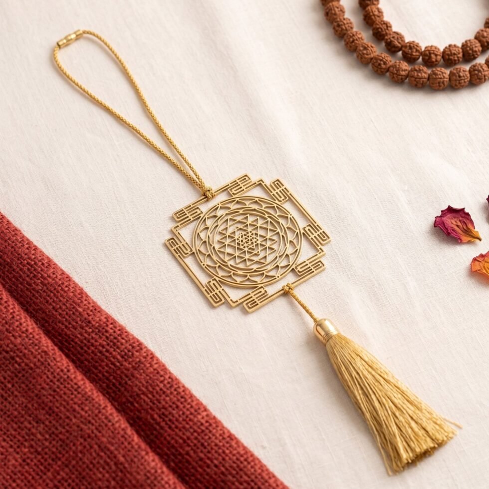 Gold plated brass Shree Yantra hanging decor placed on linen fabric with barn red textile accents and tassel detail by ELEPHANTAA