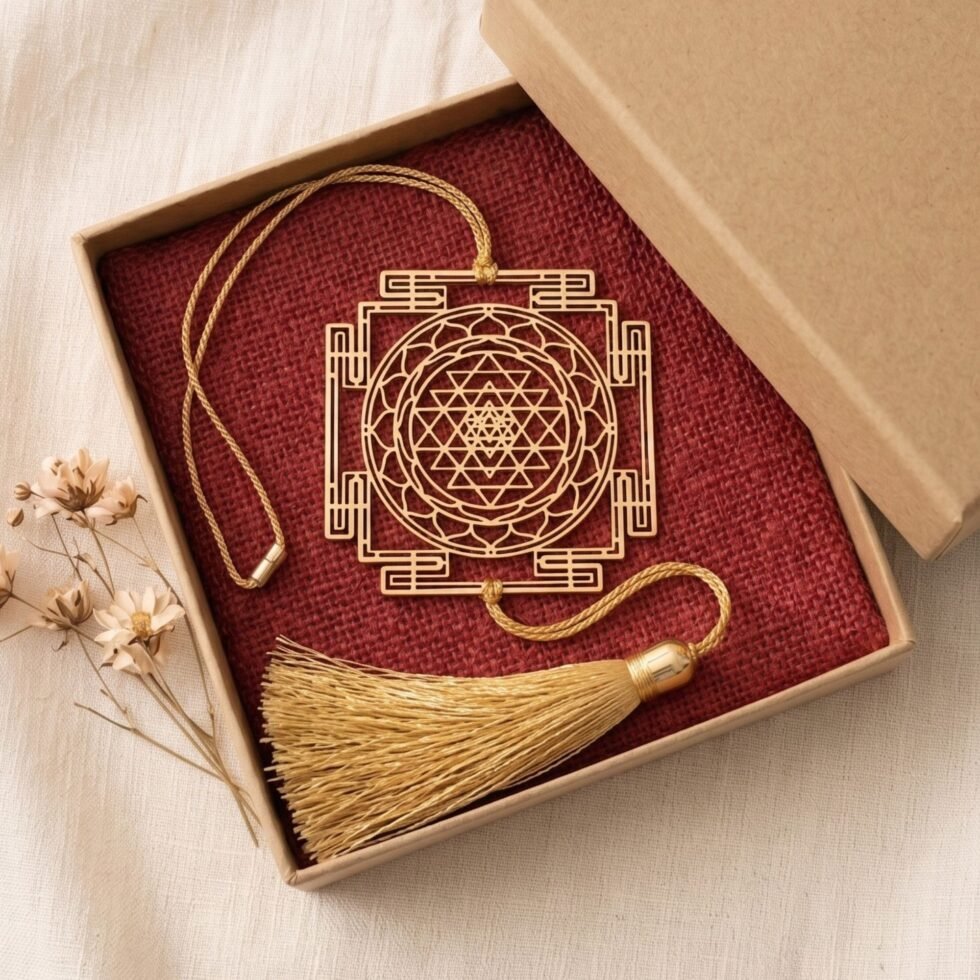 Gold plated brass Shree Yantra hanging decor presented inside a simple kraft gift box with luxury handcrafted styling